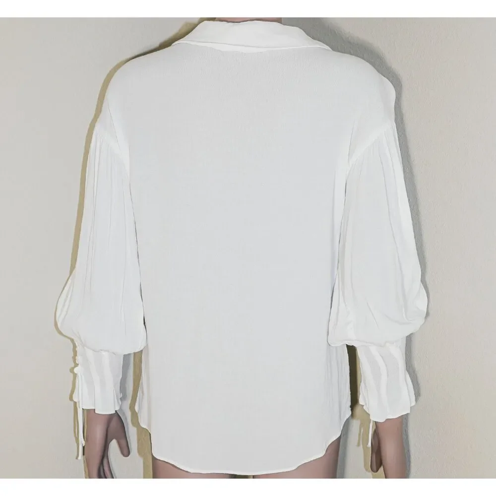 Zara White Blouse Medium Puff Sleeve Tie Cuff V Neck Top